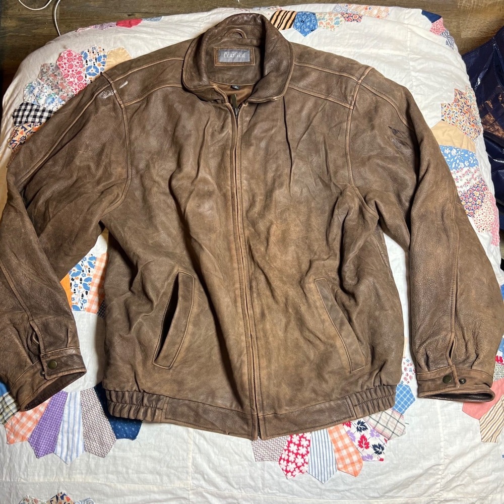 Wilsons Leather Mens Bomber Jacket Brown Genuine Leather Distressed Size LT